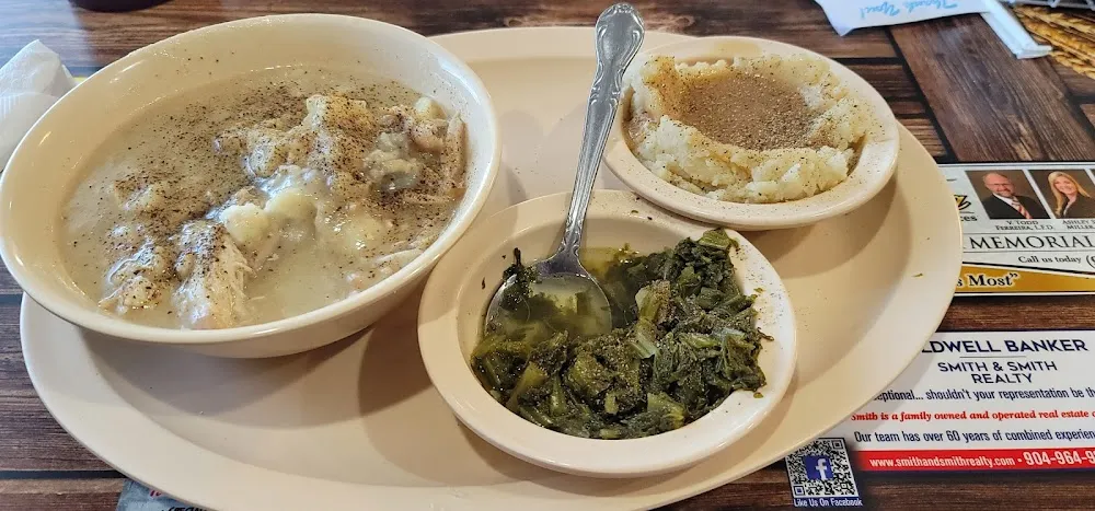 Chicken and Dumplings Collared Greens Mashed Potatoes and Gravy